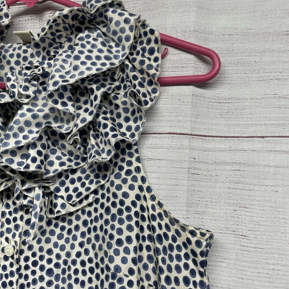 J. Crew 100% Silk Grey White Heart Ruffle Neck Sleeveless Tunic Blouse Size 4 - Picture 3 of 8